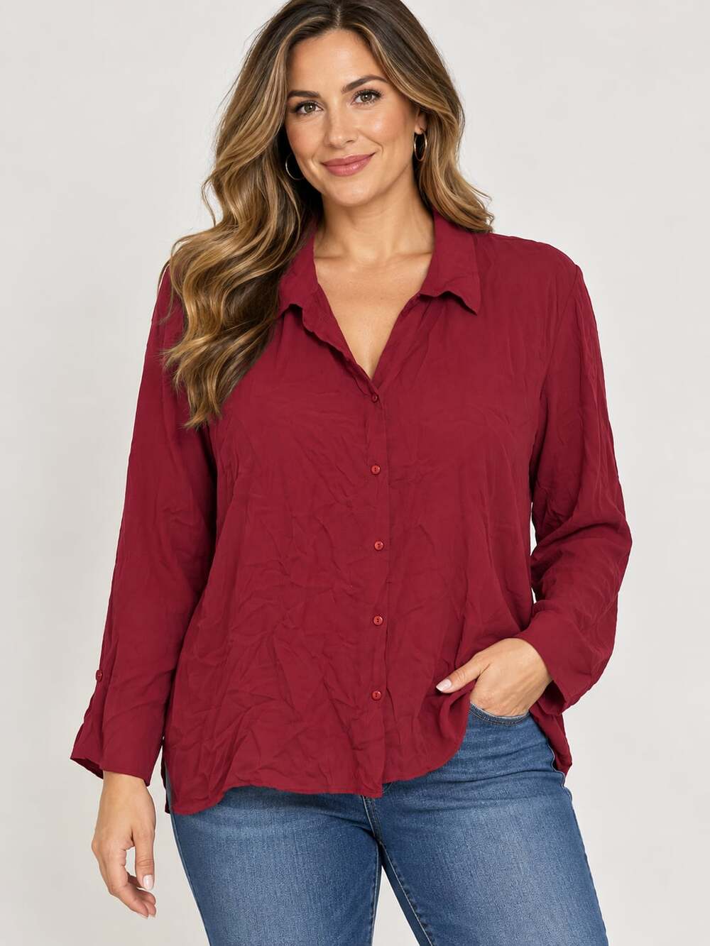 Lane Bryant Silk Button Up Shirt Size 26/28 Red Long Sleeve Blouse